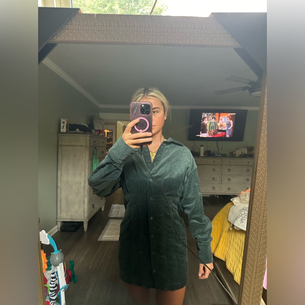 Green corduroy button dress